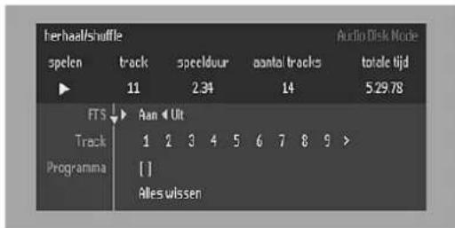 herhaal/Shuffle Audio Disk Node spelen track specelduur aantal tracks totele tijd 11 2.34 14 5 29.78 FTS ↓ Aan ← Uit Track 1 2 3 4 5 6 7 8 9 > Programma [ ] Alles wissen