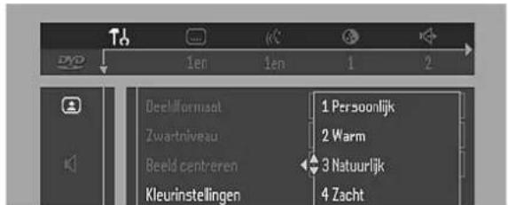 Deelformaat Zwartniveau Beeld centreren Kleurinstellingen 1 Persoonlijk 2 Warm 3 Natuurlijk 4 Zacht