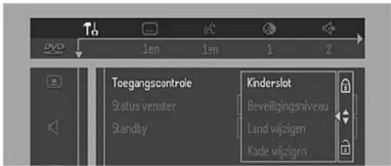 Toegangscontrole Status venster Standby Kinderslot Beveiligingsniveau Land wijzigen Kade wijzigen
