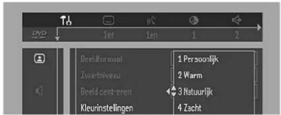 Deel Formaat Zwartniveau Beeld centreren Kleurinstellingen 1 Persoonlijk 2 Warm 3 Natuurlijk 4 Zacht