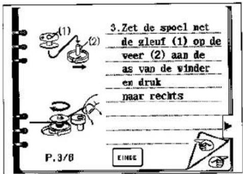 3. Zet de spocl net de gleuf (1) op de veer (2) aan de as van de winder en druk naar rechts P. 3/6 EINDE