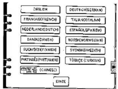 ENGLISH FRANÇAIS(FRENCH) NEODERLANDS(DUTCH) DANSKIDANISH BUOMIKSKI FINNISHI PORTUGIÈS(PORTUGUENE) CHINESE DEUTSCH(GERMAN) TALIANOITALIAN ESPAÑOLISPANISH NORISK(NORWEGIAN) SVENSK(SWEDISH) TÜRKÇE (TURKISH) EINDE