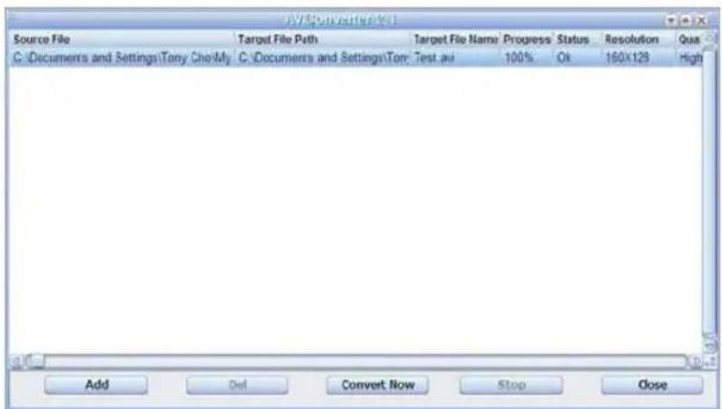 AV Conversion 1 Source File C:\Documents and Settings\Tony Cho\My C:\Documents and Settings\Tom Test av 100% Ok 160x128 High Add Del Convert Now Stop Close