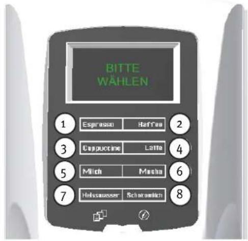 BITTE WÄHLEN 1 Espresso Haffea 2 3 Cappuccine Latte 4 5 Mitch Mecha 6 7 Holsswasser Schakornich 8