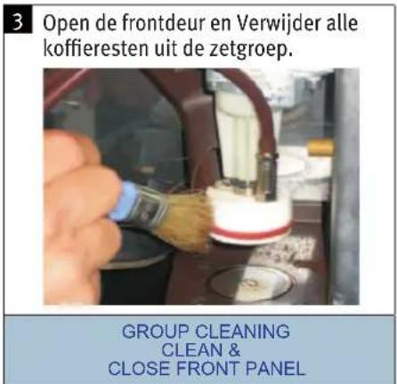 3 Open de frontdeur en Verwijder alle koffieresten uit de zetgroep. GROUP CLEANING CLEAN & CLOSE FRONT PANEL