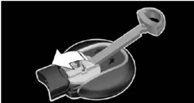 Cross-sectional diagram of a mechanical device with a lever and housing, showing internal components (no text or labels)