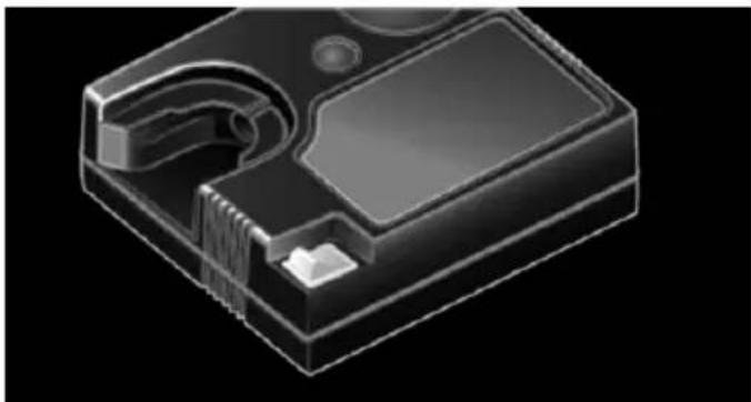 3D rendered mechanical component with internal channels and a rectangular housing (no text or symbols visible)