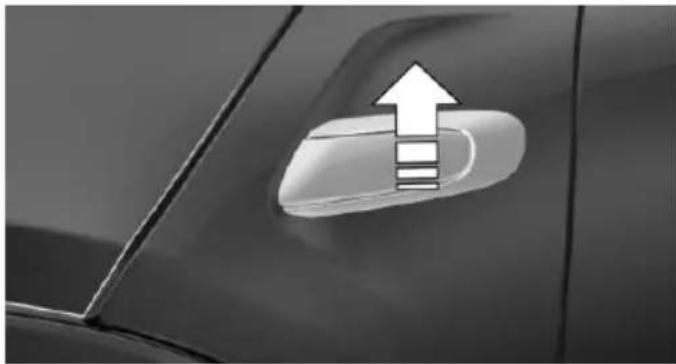 Close-up of a car door with a white upward arrow and stripes on the side (no text or symbols)