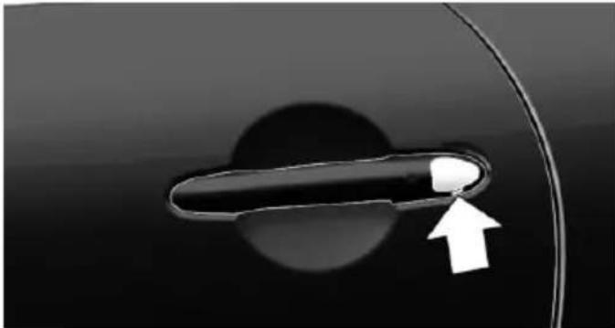 Close-up of a car door handle with a white arrow pointing to the handle area (no text or symbols visible)