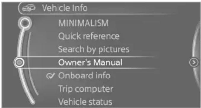 Vehicle Info MINIMALISM Quick reference Search by pictures Owner's Manual Onboard info Trip computer Vehicle status