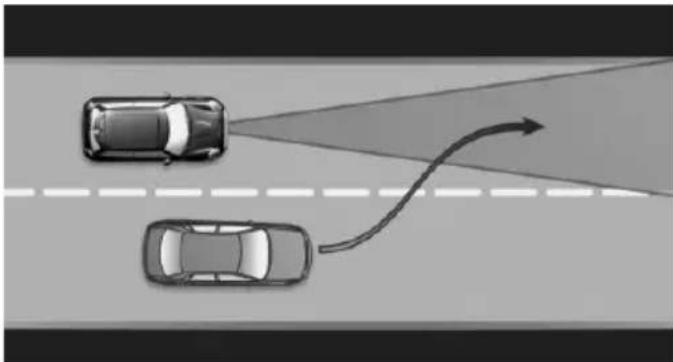 Top-down diagram of two cars on a road with a curved arrow indicating direction (no text or symbols)