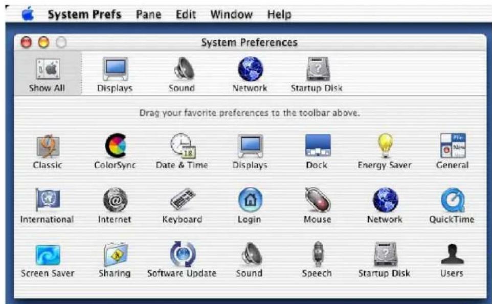 System Prefs Pane Edit Window Help System Preferences Show All Displays Sound Network Startup Disk Drag your favorite preferences to the toolbar above. Classic ColorSync Date & Time Displays Dock Energy Saver General International Internet Keyboard Login Mouse Network QuickTime Screen Saver Sharing Software Update Sound Speech Startup Disk Users