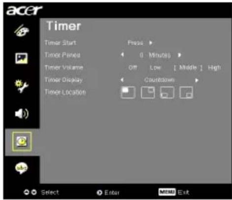 Timer Timer Start Press > Timer Pina 0 Minutes Timer Volume Off Low [ Middle ] High Timer Display Countdown Timer Location Select Enter MENU Exit