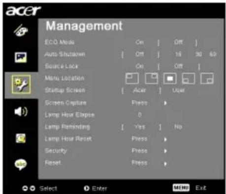 acer Management ECO Mode On Off Auto Shuturown Off 16 30 60 Source Lock On Off Menu Location Acer User Startup Screen Screen Capture Press Lamp Hour Elapse 0 Lamp Reminding Yes No Lamp Hour Reset Press Security Press Reset Press Select Enter MENU Exit