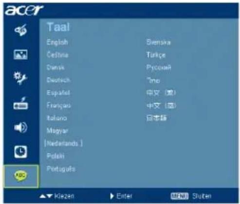 Taal English Čeština Denik Deutsch Españal Français Italano Magyar [Nederlands] Polski Português Svenska Turkçe Pycoxon Tino 中文（美） 中文（图） 日本語 ▲Kiezen ▶Enter MENI Sluten