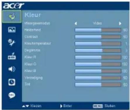 acer Kleur Weergewemode Video Heldsfield 50 Contrast 50 Kleu temperature 1 Degensin 3 Kleur R 90 Kleur G 90 Kleur B 80 Verzadiging 50 Tint 50 Hz Hz Enter MENU Button