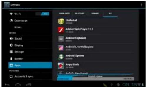 Settings Wi-Fi Data usage More... Sound Display Storage Battery Appra PERSONAL Accounts & sync Hikmalet Adobe Flash Players 11.1 Android keyboard Android Live Wallpapiere Android System Angry Birds AutoTo Platform Manual storage 08:18