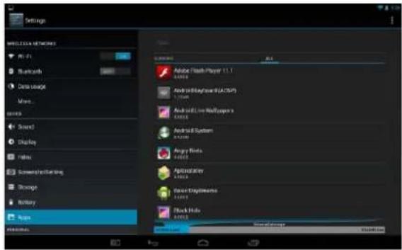 Settings WEDNES & NETWORKS File Blankets Data Usage Minds Sound Display Finds Screenforming Storage Battery App Store Adobe Flash Player 11.1 Android System (AC/SP) Android Live WallPapers Android System Angry Mode Aptomaticer Base Engineers Black Hide Black Hide Store / Storage / Display Mode