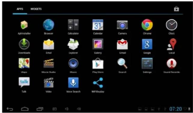 APPS WIDGETS Apkinsfaller Browser Calculator Calendar Camera Chrome Clock Downloads Email Explorer Gallery Gmail Google Local Maps Movie Studio Music Play Store Search Settings Sound Records Talk Video Voice Search WiFi Display