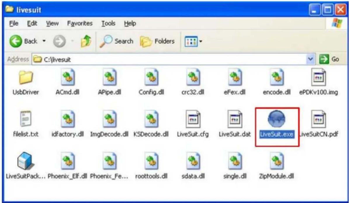 livesuit File Edit View Favorites Tools Help Back Search Folders Address C:\livesuit Go UsbDriver ACmd.dll APIpe.dll Config.dll crc32.dll eFex.dll encode.dll ePDKv100.img filelist.txt idfactory.dll ImgDecode.dll KSDecode.dll LiveSuit.cfg LiveSuit.dat LiveSuit.exe LiveSuitCN.pdf LiveSuitPack... Phoenix_Elf.dll Phoenix_Fe... roottools.dll sdata.dll single.dll ZipModule.dll