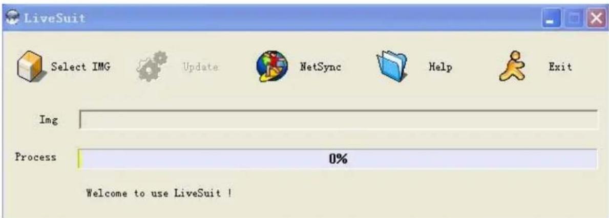 LiveSuit Select IMG Update NetSync Help Exit Img Process 0% Welcome to use LiveSuit !