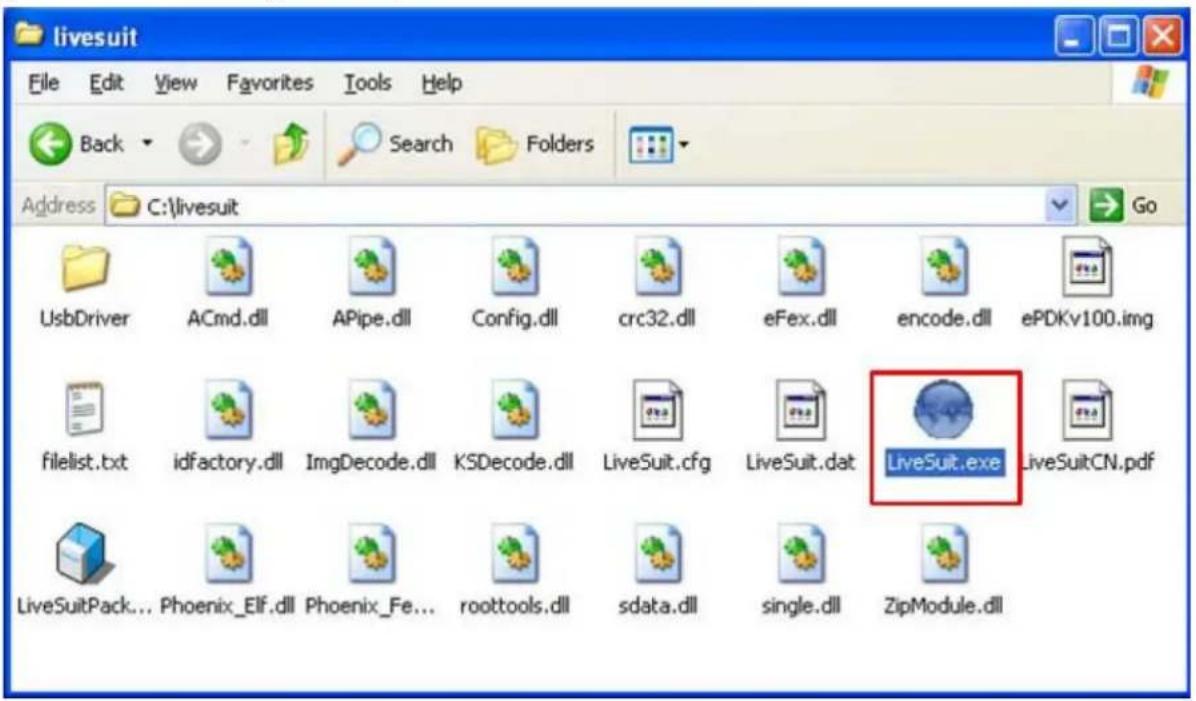 livesuit File Edit View Favorites Tools Help Back Search Folders Address C:\livesuit Go UsbDriver ACmd.dll APIpe.dll Config.dll crc32.dll eFex.dll encode.dll ePDKv100.img filelist.txt idfactory.dll ImgDecode.dll KSDecode.dll LiveSuit.cfg LiveSuit.dat LiveSuit.exe LiveSuitCN.pdf LiveSuitPack... Phoenix_Elf.dll Phoenix_Fe... roottools.dll sdata.dll single.dll ZipModule.dll