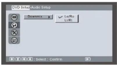 DVD Setup-Audio Setup Downmix Lo/Ro Li/Ri : Select: Confirm