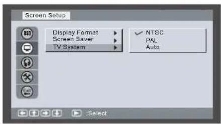 Screen Setup Display Format Screen Saver TV System NTSC PAL Auto Select
