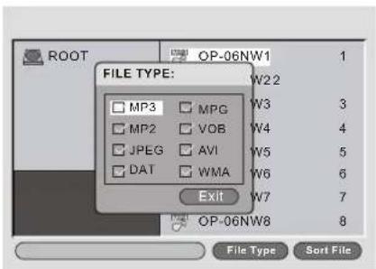 ROOT OP-06NW1 1 W2 2 FILE TYPE: MP3 MPG MP2 VOB JPEG AVI DAT WMA Exit W7 OP-06NW8 8 File Type Sort File