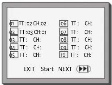 01 TT:02 CH:02 06 TT: CH: 02 TT:03 CH:01 07 TT: CH: 03 TT: CH: 08 TT: CH: 04 TT: CH: 09 TT: CH: 05 TT: CH: 10 TT: CH: EXIT Start NEXT ▶▶I