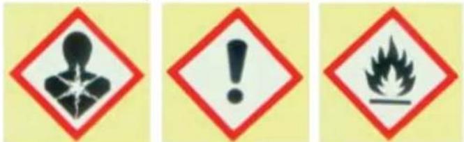 Three warning symbols: a person silhouette with explosion, an exclamation mark, and a flame symbol.