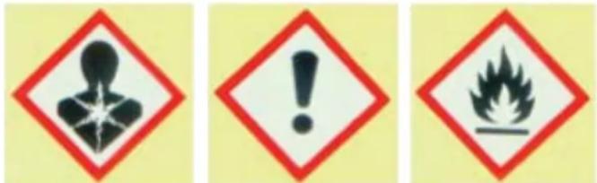 Three safety warning symbols: a person silhouette with explosion, an exclamation mark, and a flame symbol.