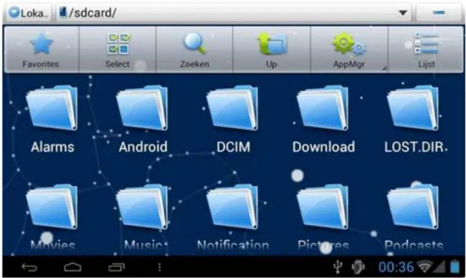 Loka.. /sdcard/ Favorites Select Zoeken Up AppMgr List Alarms Android DCIM Download LOST.DIR. Movies Music Notification Pictures Podcasts 00:36