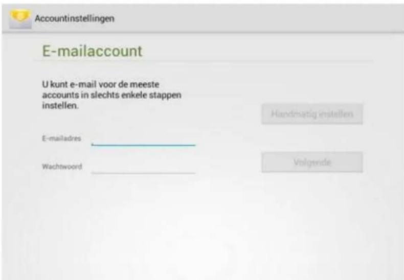 Accountinstellingen E-mailaccount U kunt e-mail voor de meeste accounts in slechts enkele stappen instellen. Handmatig instellen E-mailadres Wachtwoord. Volgende