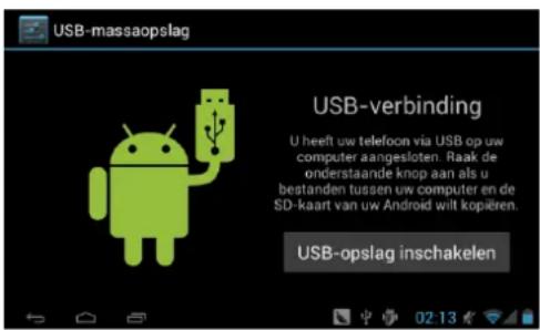 USB-massaopslag USB-verbinding U heeft uw telefoon via USB op uw computer aangesloten. Raak de onderstaande knop aan als u bestanden tussen uw computer en de SD-kaart van uw Android wilt kopieren. USB-opslag inschakelen