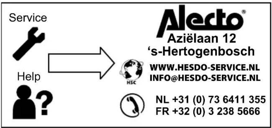 Service Help Alecto® Aziëlaan 12 ‘s-Hertogenbosch WWW.HESDO-SERVICE.NL INFO@HESDO-SERVICE.NL NL +31 (0) 73 6411 355 FR +32 (0) 3 238 5666
