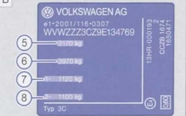 VOLKSWAGEN AG e1·2001/116·0307 WVWZZZ3CZ9E134769 5 2170 kg 6 3970 kg 7 1- 1120 kg 8 2- 1100 kg Typ 3C 13HR-000193 CCZB 1674 1650471 E' 0,60