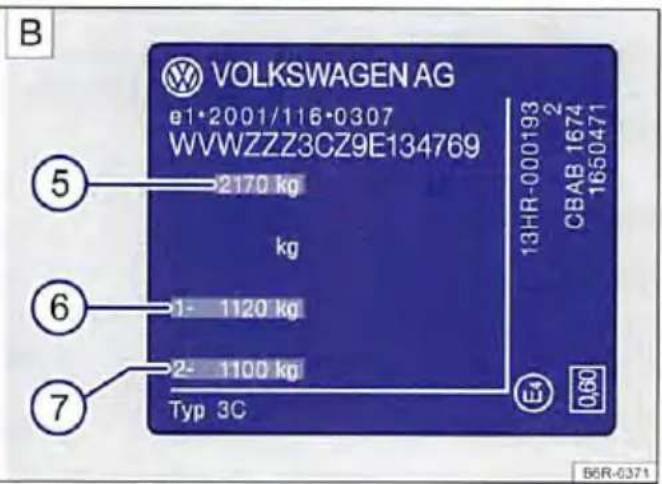 B VOLKSWAGEN AG e1*2001/116*0307 WVWZZZ3CZ9E134769 2170 kg kg 13HR-000193 2 CBAB 1674 1650471 ⑤ ⑥ ⑦ 1- 1120 kg 2- 1100 kg Typ 3C 0,80 SBR-6371