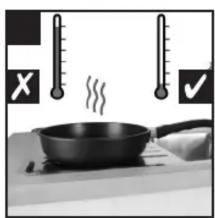 Illustration showing a frying pan with steam rising, accompanied by thermometer symbols and checkmark indicators.