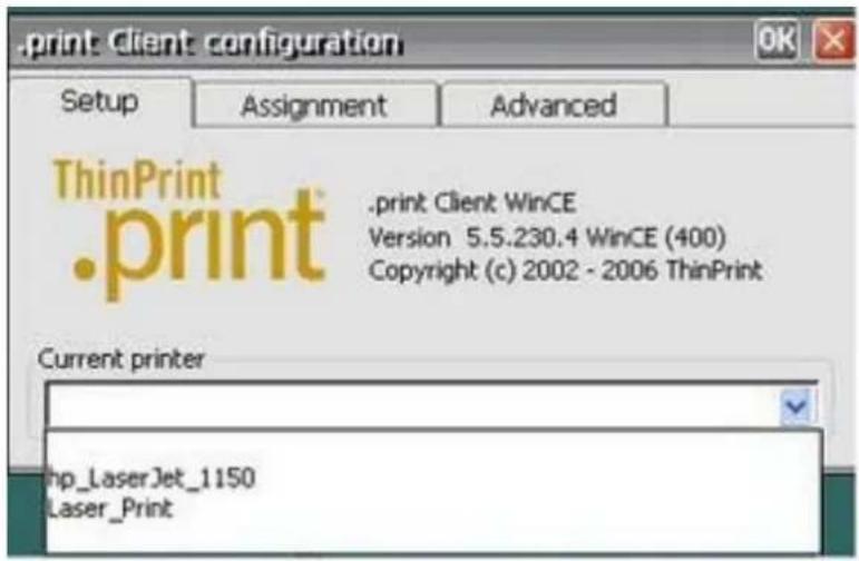 .print Client configuration Setup Assignment Advanced ThinPrint .print .print Client WinCE Version 5.5.230.4 WinCE (400) Copyright (c) 2002 - 2006 ThinPrint Current printer hp_LaserJet_1150 Laser_Print