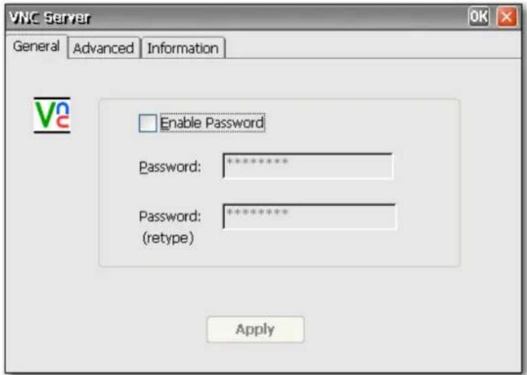 VNC Server General Advanced Information Enable Password Password: ********** Password: ********** (retype) Apply