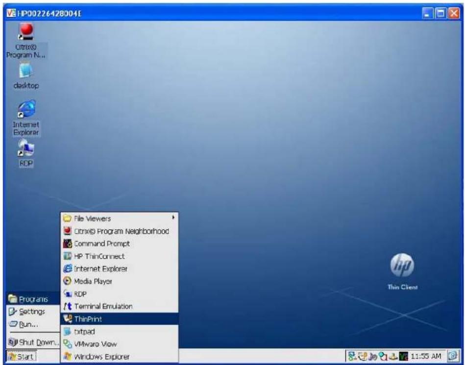HP00226428004E Citrix® Program N... desktop Internet Explorer RDP File Viewers Citrix® Program Neighborhood Command Prompt HP ThinConnect Internet Explorer Media Player RDP Terminal Emulation ThinPrint txtpad VMware View Windows Explorer 11:55 AM Programs Settings Run... Shut Down... Start