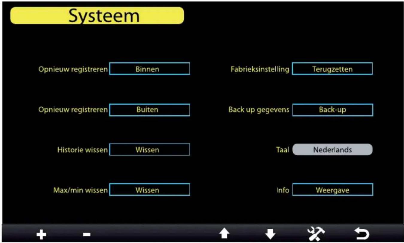 Systeem Opnieuw registreren Binnen Fabrieksinstelling Terugzetten Opnieuw registreren Buiten Back up gegevens Back-up Historie wissen Wissen Taal Nederlands Max/min wissen Wissen Info Weergave