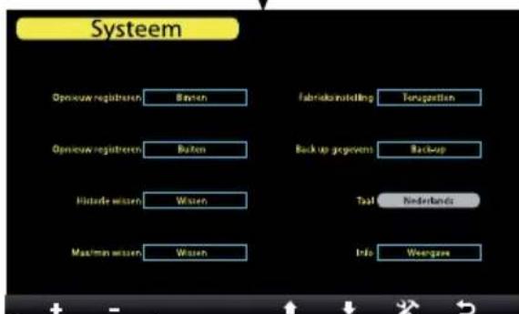 Systeem Opnieuw registreren: Batten Fabrikaatruktelling: Terugastien Opnieuw registreren: Buten Backup gevoent: Backup Historie wissen: Wissen Taal: Nederlands Maximw wissen: Wissen Info: Weergare
