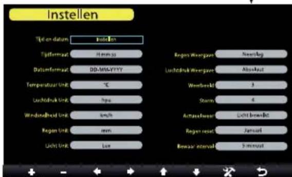 Instellen Tid en datum Insilon Tidelfrontak H mm:ss Dabuformakt DO-MM-YYYY Temperatuur Unit °C Lachodruk Unit type Windshred Unit km/h Regen Unit mm Licht Unit Lux Regen Wrengave Nereckg Luchodruk Wrengave Abschast Wertberel 3 Sturm 4 Antizschweer Light bewertet Regen reset Janusart Bewaar interval 5 mm:ssd