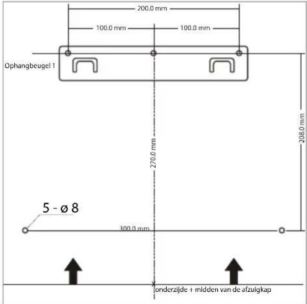200.0 mm 100.0 mm 100.0 mm Ophangbeugel 1 270.0 mm 208.0 mm 5 - Ø 8 300.0 mm onderzijde + midden van de afzulgkap