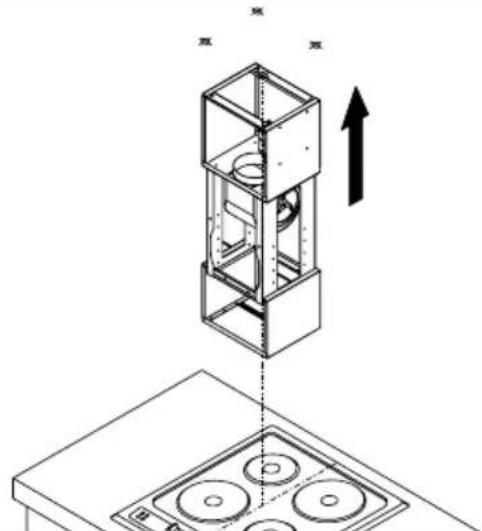 Technical diagram showing a mechanical assembly with labeled components and directional arrows, likely illustrating a lifting or mounting process.