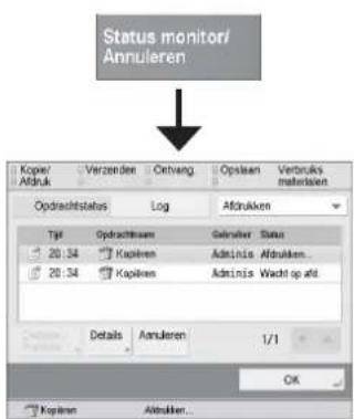 Status monitor/ Annulieren Koper Verzenden Oetvang Opsalen Verbruks Afdruk Afdruk Materialien Opdrachtstatus Log Afdrukken Tgt Opdrachtssam Gelnisler Status 20:34 Kapiken Adminis Afdrukken... 20:34 Kapiken Adminis Wacht op aft Details Annulieren 1/1 OK Kapiken Afdrukken...