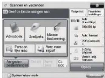Scannen en verzenden Geef de bestemmingen aan. Adresboek Sneltoets Nieuwe bestemming. Person like map Verz. naar mijzelf Aargenan bestemmingen Cotals Vere Bee Cc Bcc Varige inst. Favorkaten instellingen Auto (Kvar/Gris) 100x300 dpi Auto format PDF(Compact) 2-Zydig origineel Versch. wrig formaten Options Systembeher mode