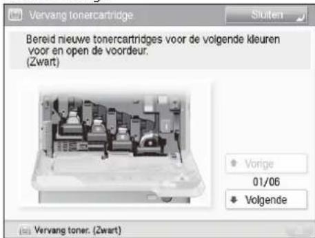 Vervang tonercartridge Bereid nieuwe tonercartridges voor de volgende kleuren voor en open de voordeur. (Zwart) • Vorige 01/06 • Volgende Vervang toner. (Zwart)